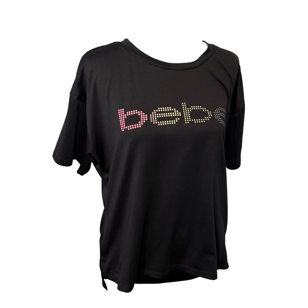 Bebe Sport Top‎ Size L Black Colorful Logo Athleisure Stretch Sporty Activewear